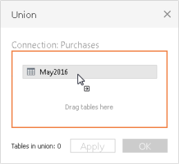 A cursor dragging a table onto the Connection pane in the Union dialog.