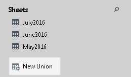 Under a list of sheets, the New Union icon (a table with a gear) is highlighted.