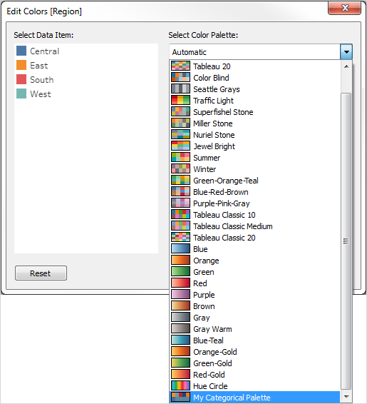 Edit colors dialog with options for selecting data items and assigning color palettes.