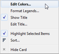Context menu with options to edit colors, format legends, show and edit titles, highlight selected items, sort, and hide a card.