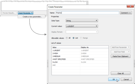 Insert Parameter dropdown expanded and the Create Parameter dialog box open for creating a parameter with a list of values.