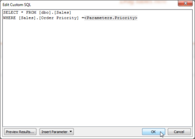 Edit Custom SQL window that displays SQL code.