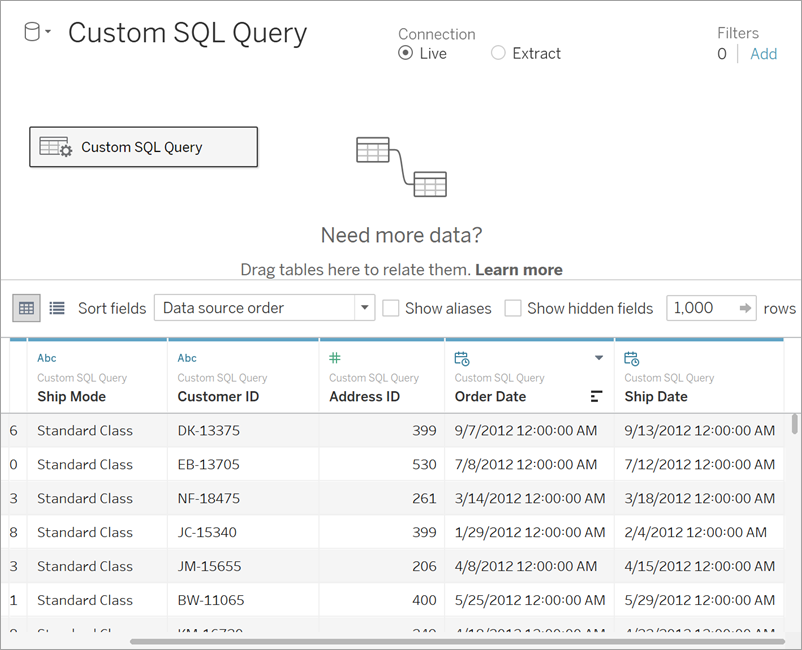 A detailed view of a custom SQL query interface showing filters and data source order.