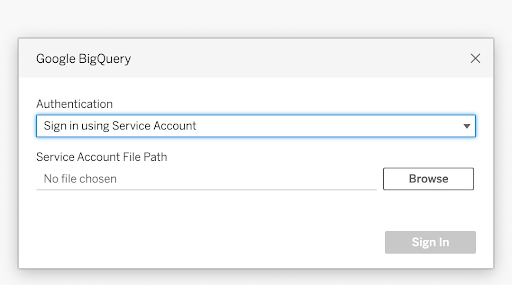 Google BigQuery authentication window with Sign in using Service Account selected for the Authentication dropdown.