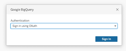 Google BigQuery authentication window with Sign in using OAuth selected for the Authentication dropdown.