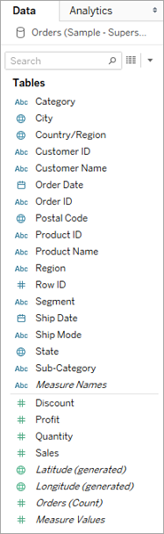 A Data pane with a list of dimensions and measures.