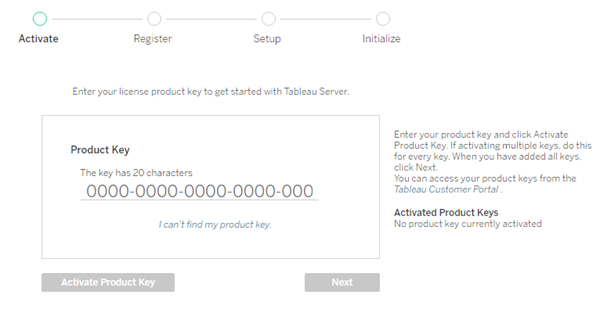 A Tableau Server activation screen, featuring a field for the 20-character licence product key entry.