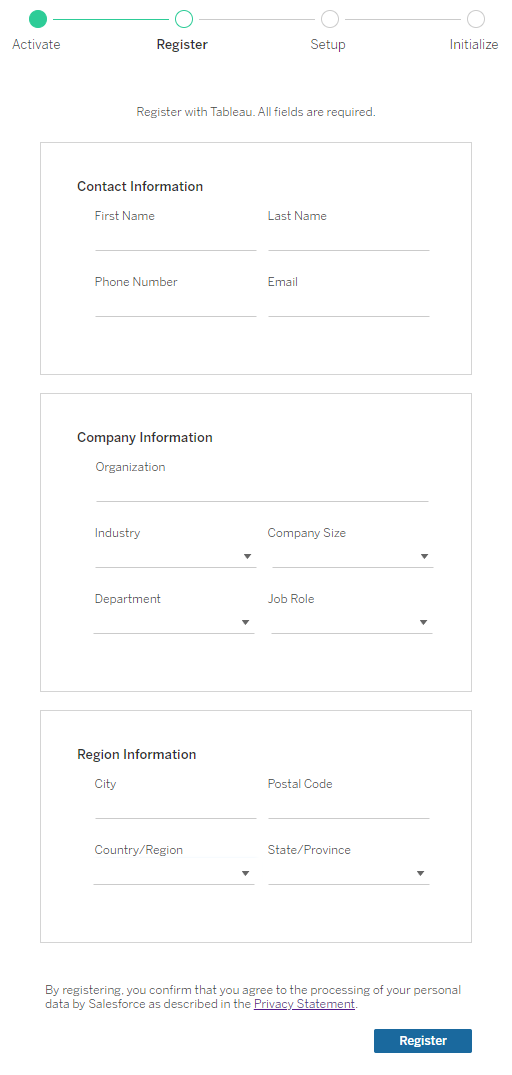 Registration step of Tableau Server activation wizard, with required fields for populating contact information, company information and regional details.