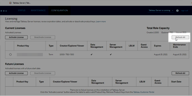 Licensing page with the Refresh All button highlighted.