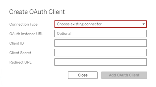 A form for the creation of an OAuth client, including fields for connection type, OAuth instance URL, client ID, client secret and redirect URL.