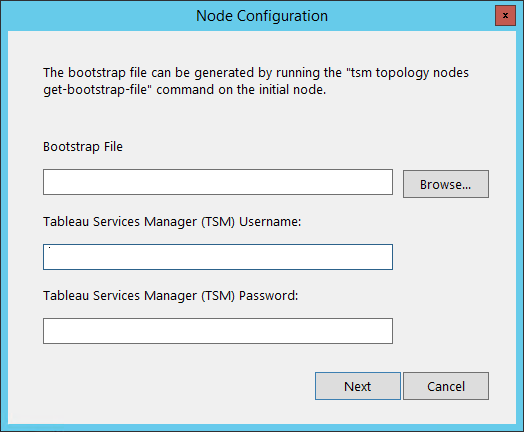 A configuration window with blank fields for Bootstrap File, TSM Username and TSM Password.