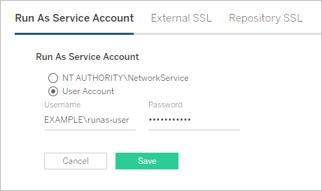 Tableau Server Manager Run As Service Account configuration window with User Account selected.