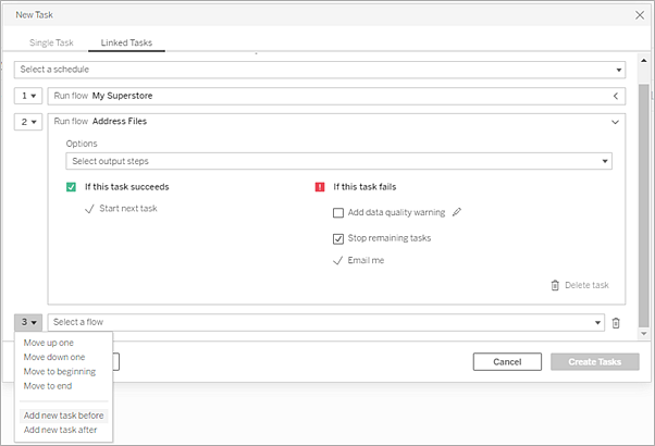 The Linked Tasks tab for scheduling and automating Tableau Prep flow runs.