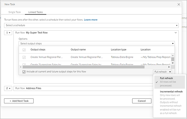 The Linked Tasks tab showing how you can reorder your flow runs and set your refresh type.
