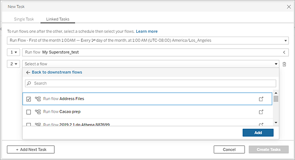 The Linked Tasks tab showing how you can add more flows to the linked tasks.