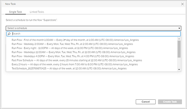 A dropdown menu of scheduling options for a new task.