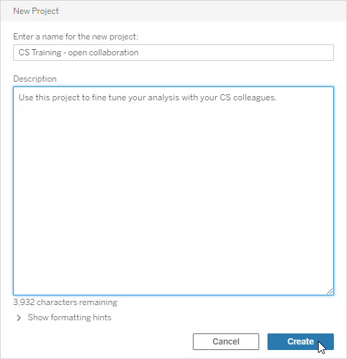 New project dialog with fields for a project name and description.